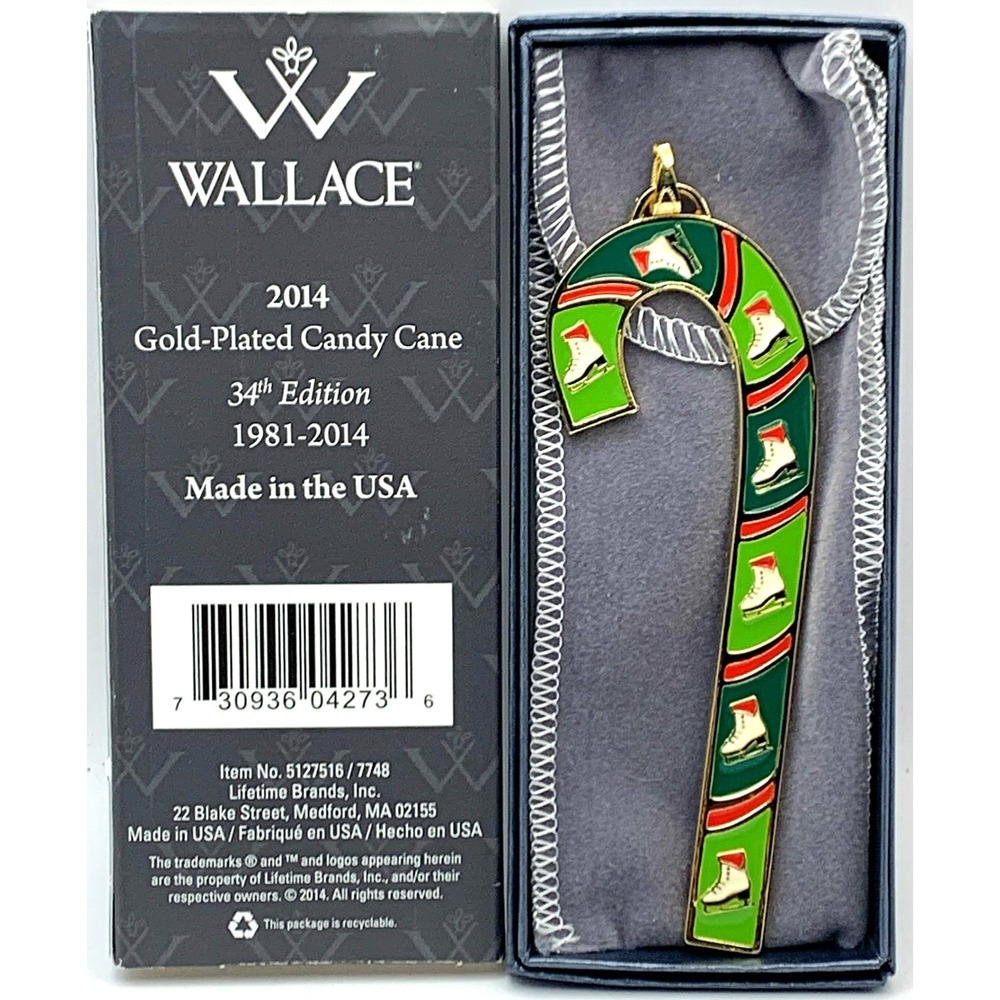 Ice Skates 2014 Wallace USA Gold Plated Annual Candy Cane Ornament w/ Box, Pouch